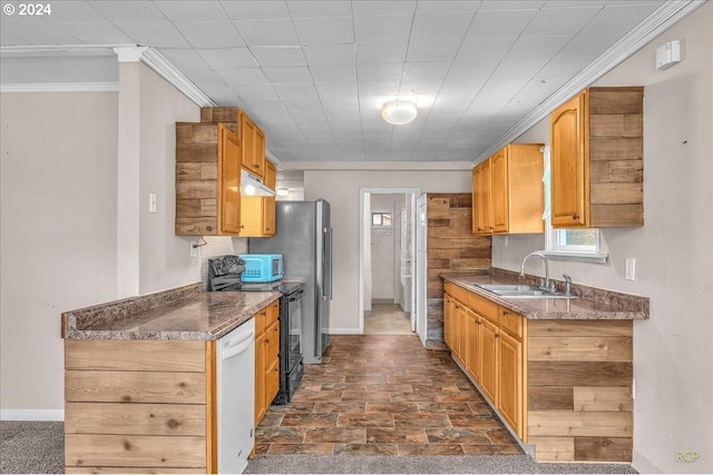 kitchen featuring dishwasher, dark stone countertops, sink, black range with electric cooktop, and ornamental molding