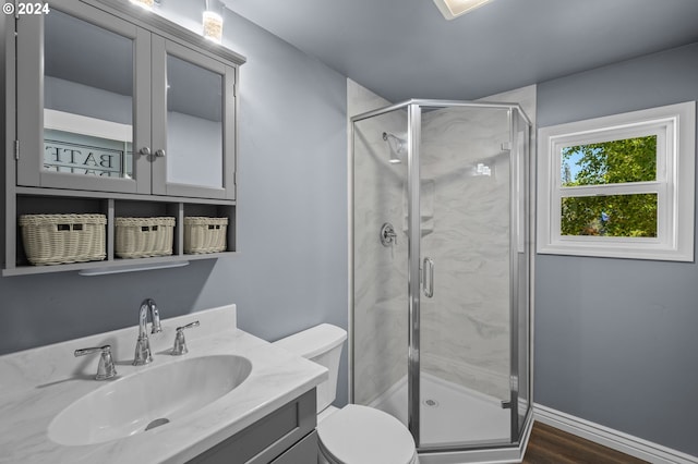52582 Doe Ln, La Pine, OR 97739 - bathroom featuring vanity, a shower stall, toilet, and wood finished floors