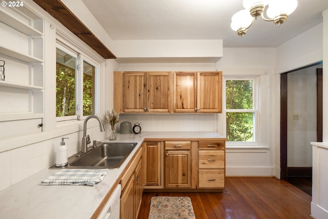 kitchen featuring decorative backsplash, dark hardwood / wood-style flooring, plenty of natural light, and sink