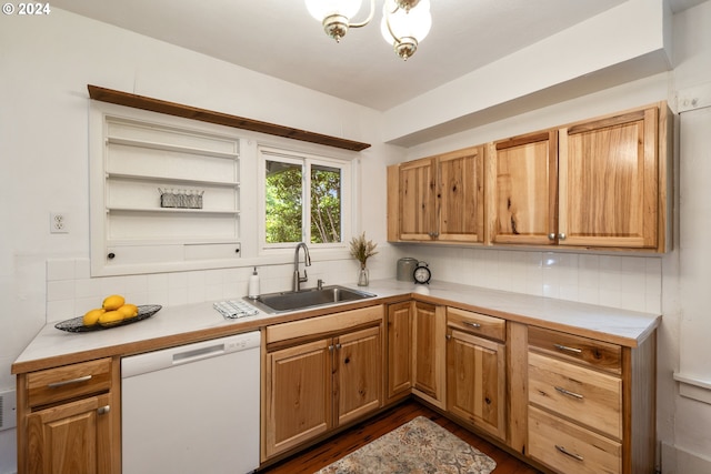 kitchen with decorative backsplash, dark hardwood / wood-style flooring, white dishwasher, and sink