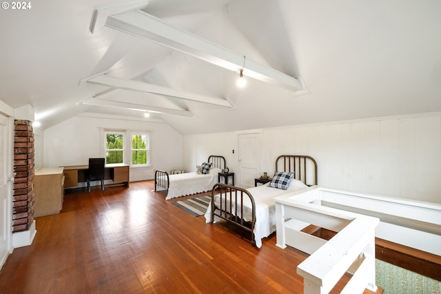 bedroom with lofted ceiling with beams and dark wood-type flooring