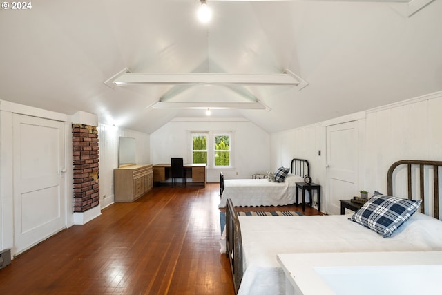 bedroom with dark wood-type flooring and vaulted ceiling