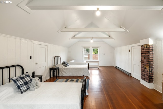 bedroom featuring vaulted ceiling with beams, wood walls, dark hardwood / wood-style flooring, and a baseboard radiator