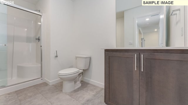 bathroom with vanity, walk in shower, toilet, and tile patterned flooring