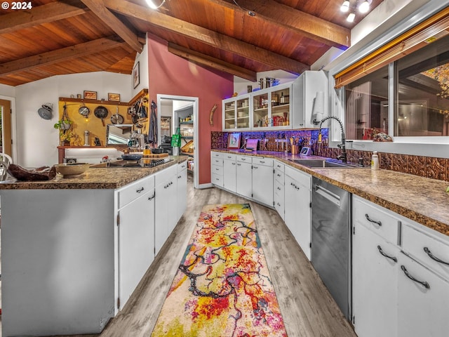 kitchen with sink, wood ceiling, dishwasher, and white cabinets