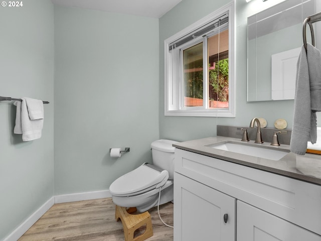 bathroom with wood-type flooring, vanity, and toilet