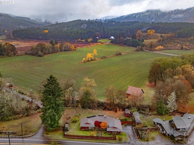 drone / aerial view with a mountain view and a rural view