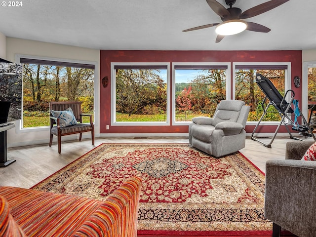 living room with ceiling fan and light wood-type flooring