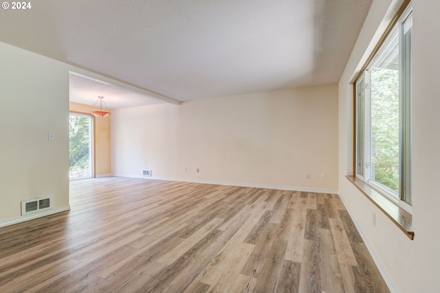 empty room featuring a textured ceiling and light hardwood / wood-style flooring