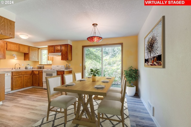 dining room featuring light hardwood / wood-style flooring, a wealth of natural light, a textured ceiling, and sink