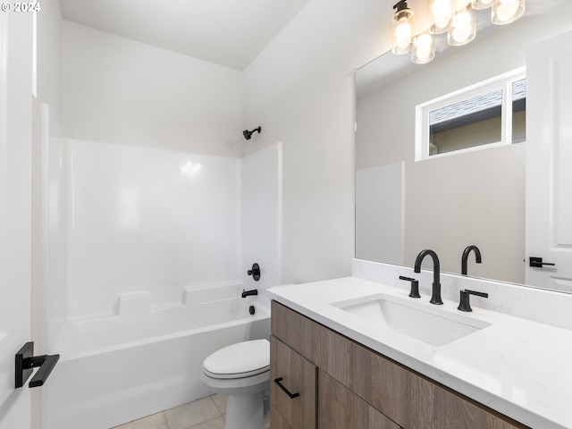 full bathroom with tile patterned flooring, shower / bathing tub combination, vanity, and toilet