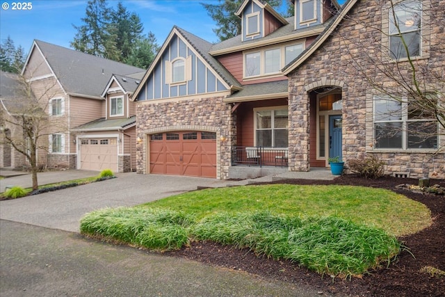 view of front facade featuring a garage, driveway, and roof with shingles