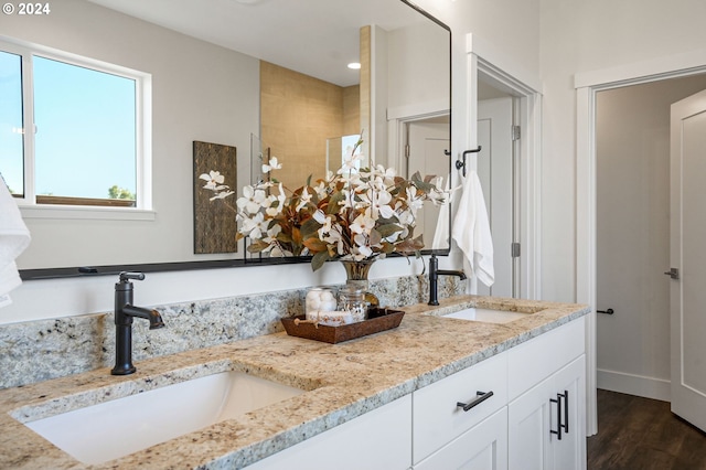 bathroom with vanity, walk in shower, and wood-type flooring