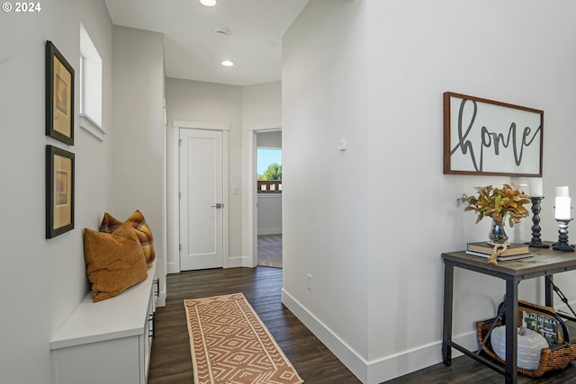 hallway with dark hardwood / wood-style floors