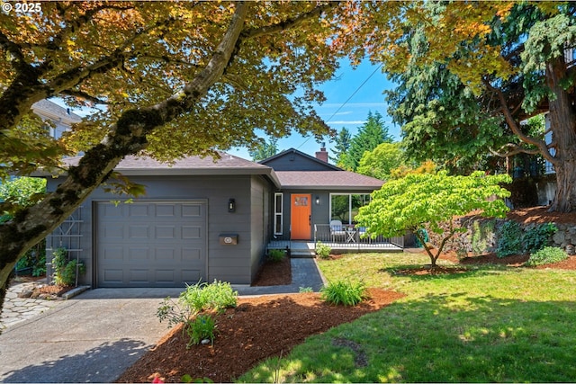 3427 NE 32nd Pl, Portland, OR 97212 - view of front of house featuring an attached garage, driveway, a front lawn, roof with shingles, and a porch