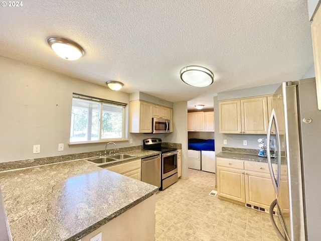 kitchen featuring kitchen peninsula, stainless steel appliances, and sink