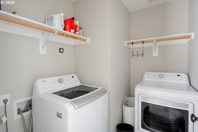 laundry room with visible vents, independent washer and dryer, and laundry area