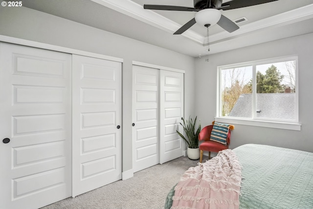 bedroom featuring visible vents, a raised ceiling, carpet, and multiple closets