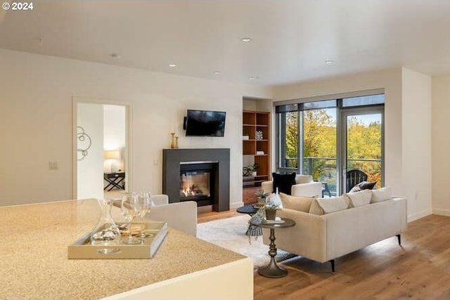 living room featuring light wood finished floors, a glass covered fireplace, and baseboards