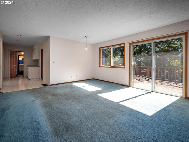 unfurnished living room with light colored carpet and a textured ceiling