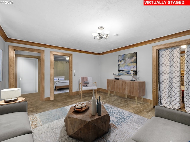 living room featuring hardwood / wood-style floors, a textured ceiling, and ornamental molding