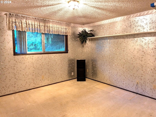 carpeted empty room with a textured ceiling