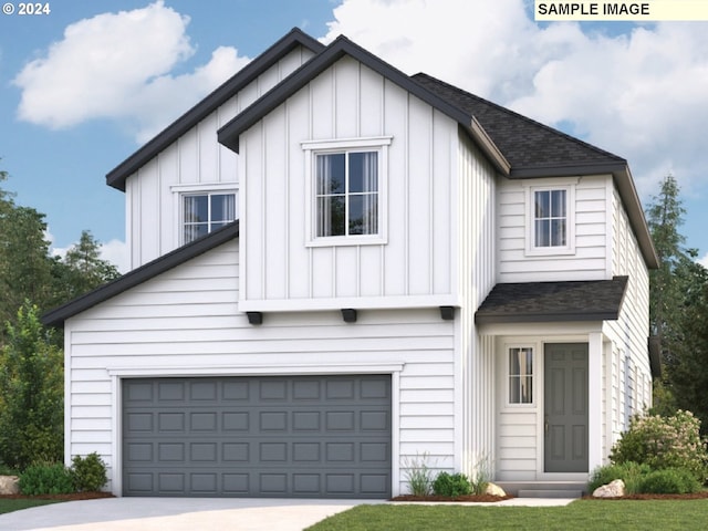 modern farmhouse with a garage and a front lawn