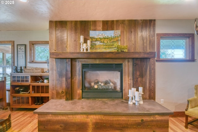 details featuring hardwood / wood-style flooring and a fireplace