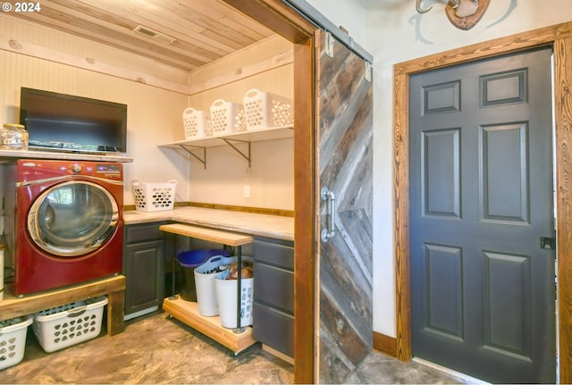 laundry room with cabinets, wood ceiling, and washer / clothes dryer