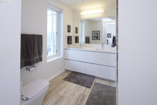 bathroom featuring vanity, wood-type flooring, and toilet