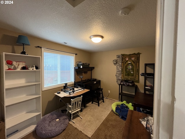 office area with a textured ceiling and carpet flooring