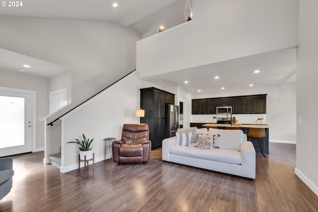 living room with dark hardwood / wood-style flooring and high vaulted ceiling