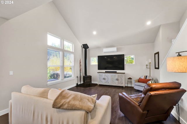 living room with dark hardwood / wood-style floors, a wall mounted AC, high vaulted ceiling, and a wood stove