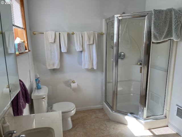 bathroom with toilet, walk in shower, and vanity