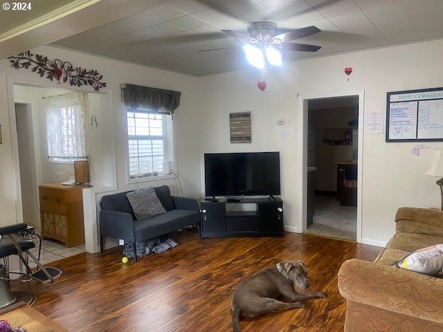 living room featuring tile patterned floors and ceiling fan