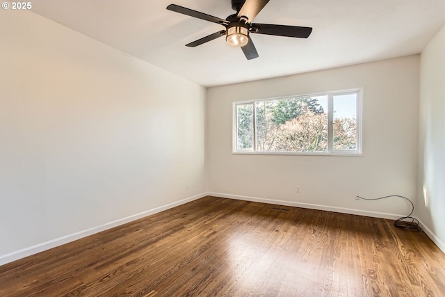 spare room featuring ceiling fan and dark hardwood / wood-style flooring