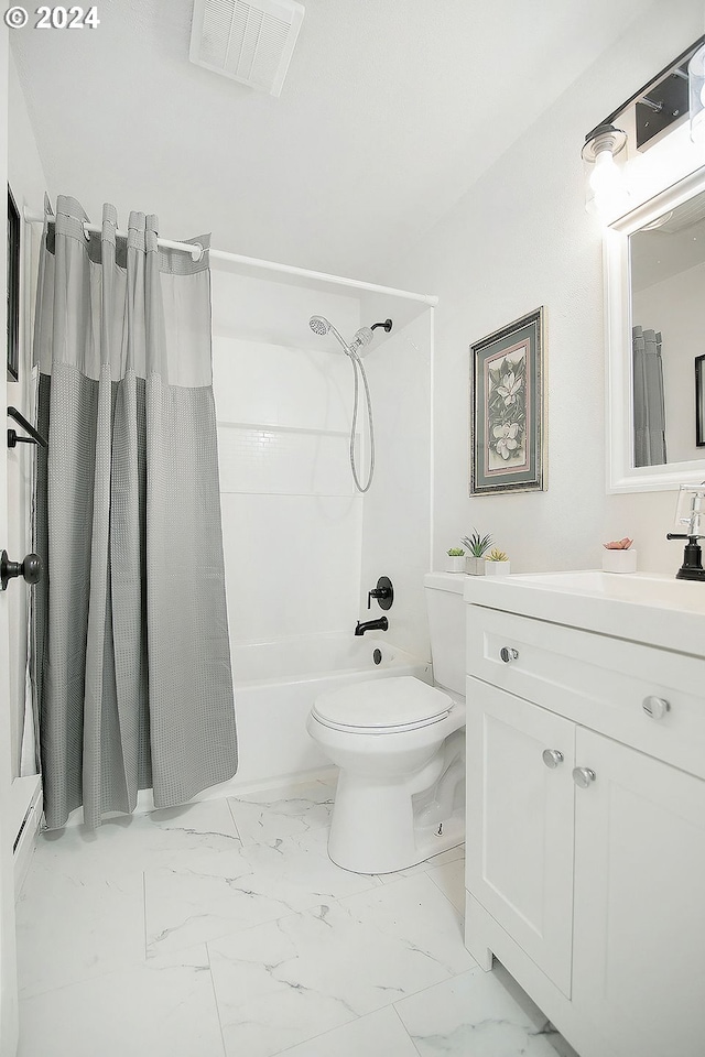 bathroom with visible vents, toilet, marble finish floor, shower / bath combo with shower curtain, and vanity