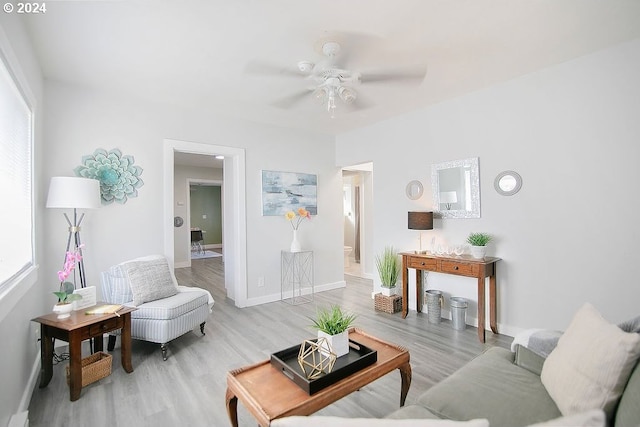 living room featuring ceiling fan and light hardwood / wood-style floors