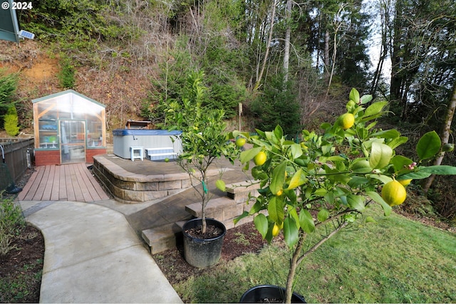 view of yard featuring an outdoor structure and a hot tub