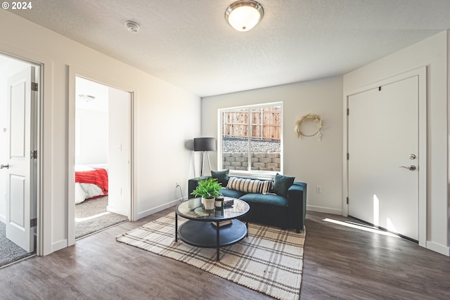 living area featuring a textured ceiling and dark hardwood / wood-style flooring