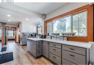 kitchen featuring gray cabinetry, light hardwood / wood-style floors, white cabinets, and kitchen peninsula