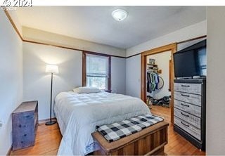 bedroom with hardwood / wood-style flooring and a closet