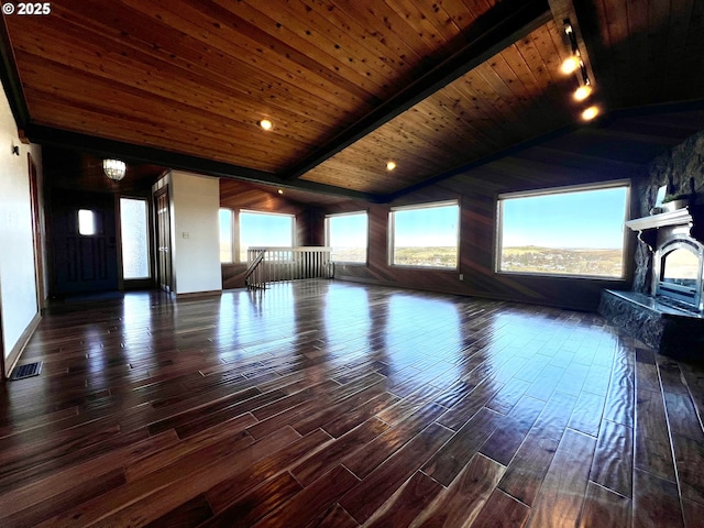 unfurnished living room with wood ceiling, visible vents, vaulted ceiling with beams, and dark wood-style flooring