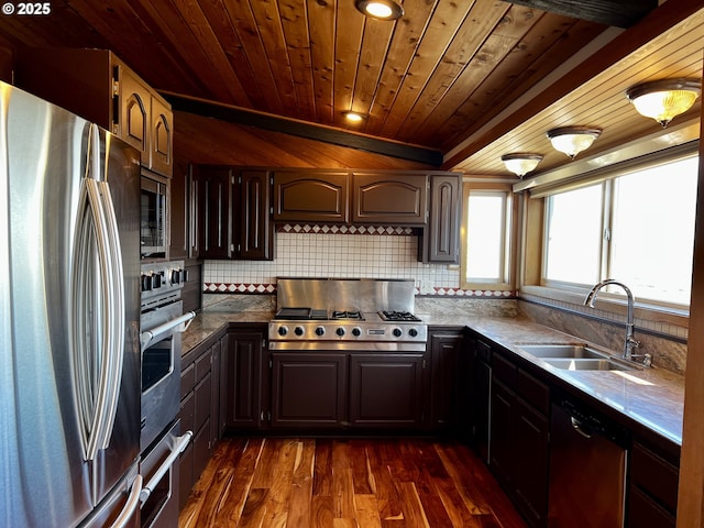 kitchen with tasteful backsplash, a sink, wood ceiling, appliances with stainless steel finishes, and dark wood-style flooring