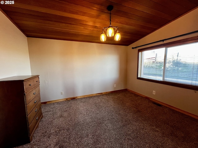 unfurnished room with wooden ceiling, dark carpet, lofted ceiling, and a notable chandelier