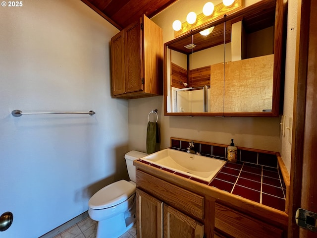 bathroom with vanity, toilet, and a shower with shower door