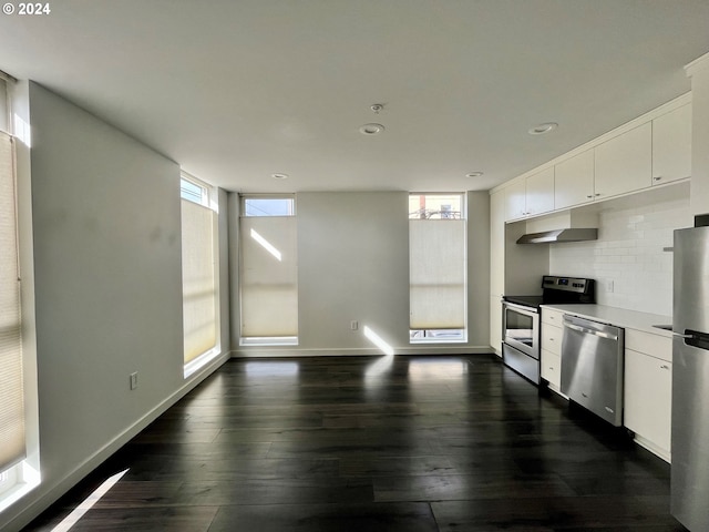 kitchen with white cabinetry, appliances with stainless steel finishes, a wealth of natural light, and dark hardwood / wood-style floors