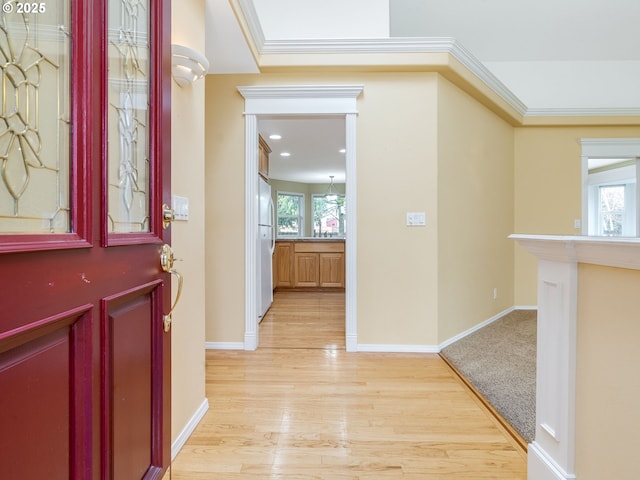 entrance foyer with ornamental molding and light hardwood / wood-style floors