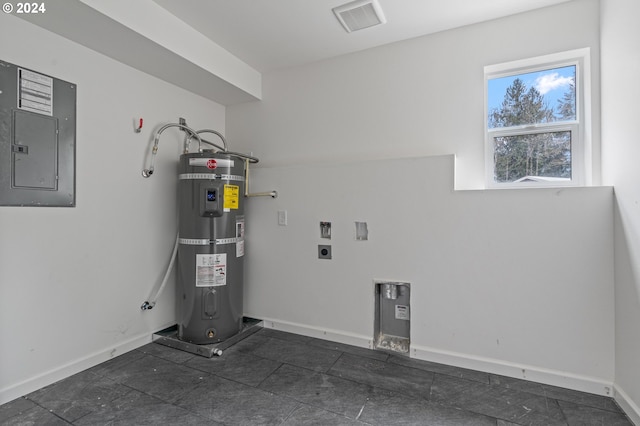 utility room with secured water heater and electric panel