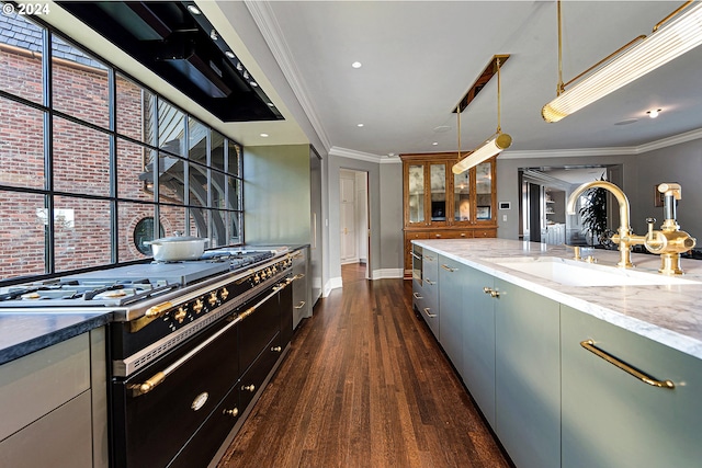 kitchen featuring black gas range oven, crown molding, dark wood-type flooring, sink, and hanging light fixtures